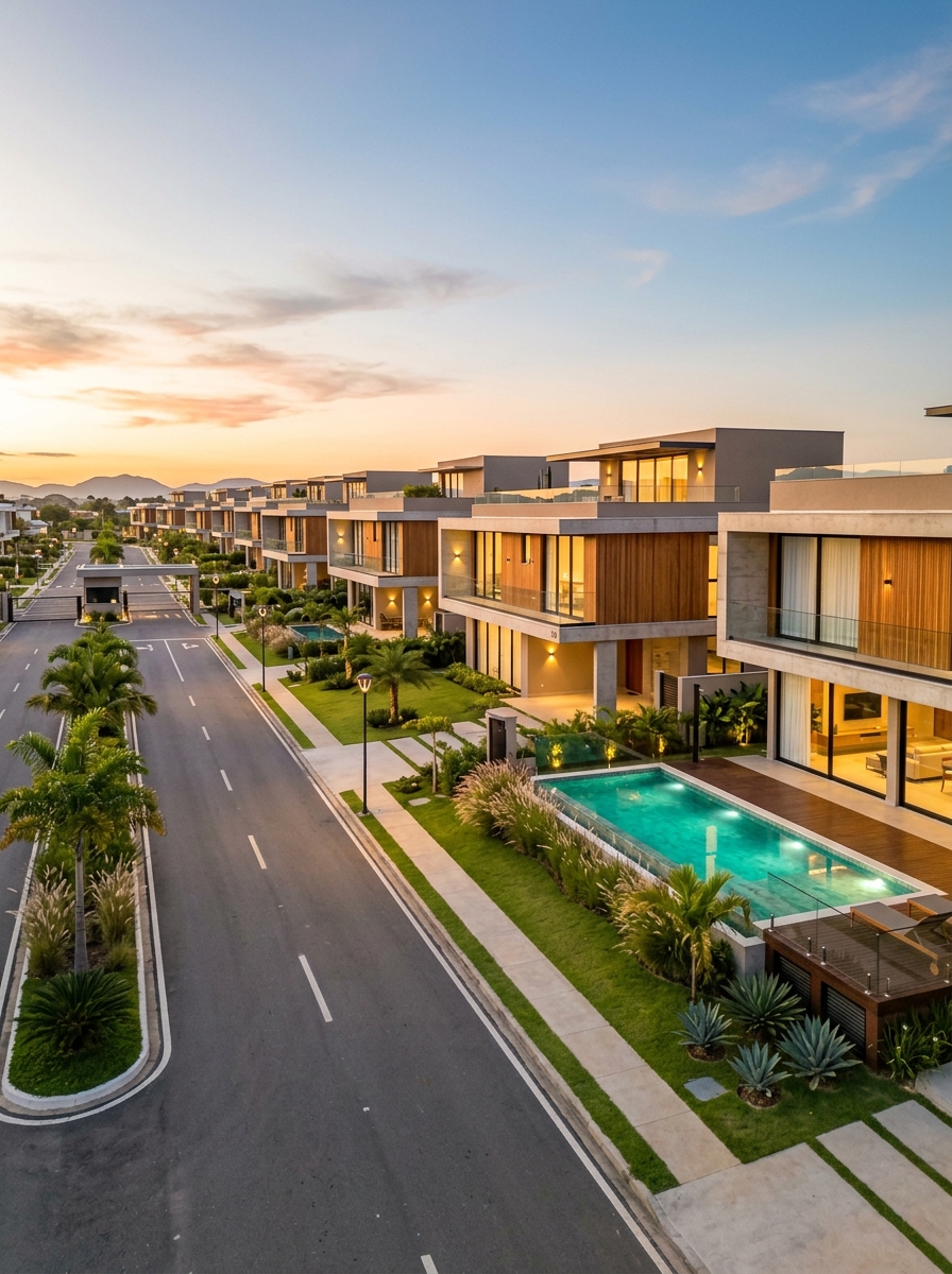 Condomínio residencial fechado de alto padrão com casas contemporâneas